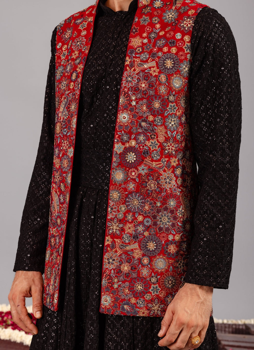 Kalpraag Black and Red Silk Anarkali Kurta Jacket SetFabilicious Fashion
