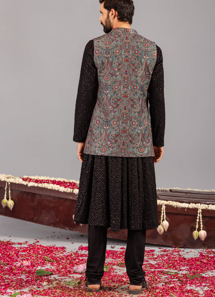 Black Silk Anarkali Jacket Set Kalpraag - Fabilicious Fashion