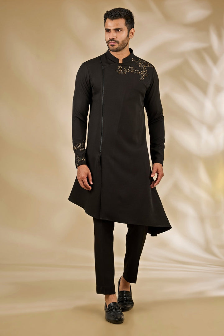 Manish Nagdeo Men Black Silk Asymmetric Kurta SetFabilicious Fashion