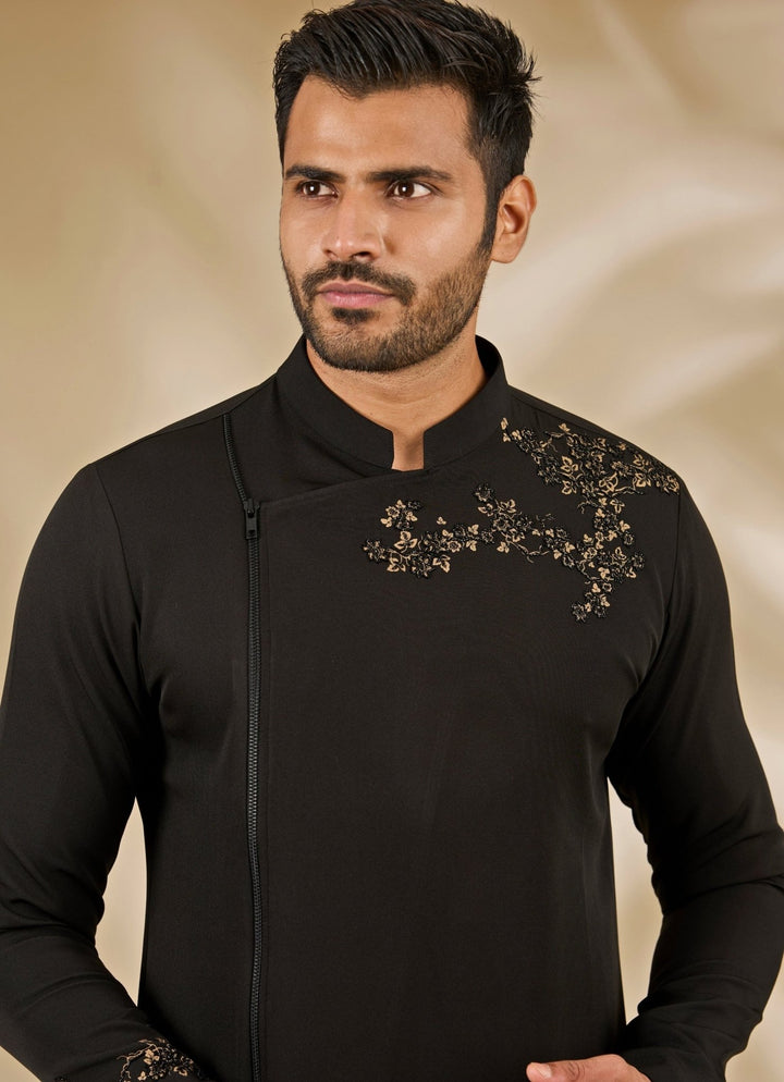 Manish Nagdeo Men Black Silk Asymmetric Kurta SetFabilicious Fashion