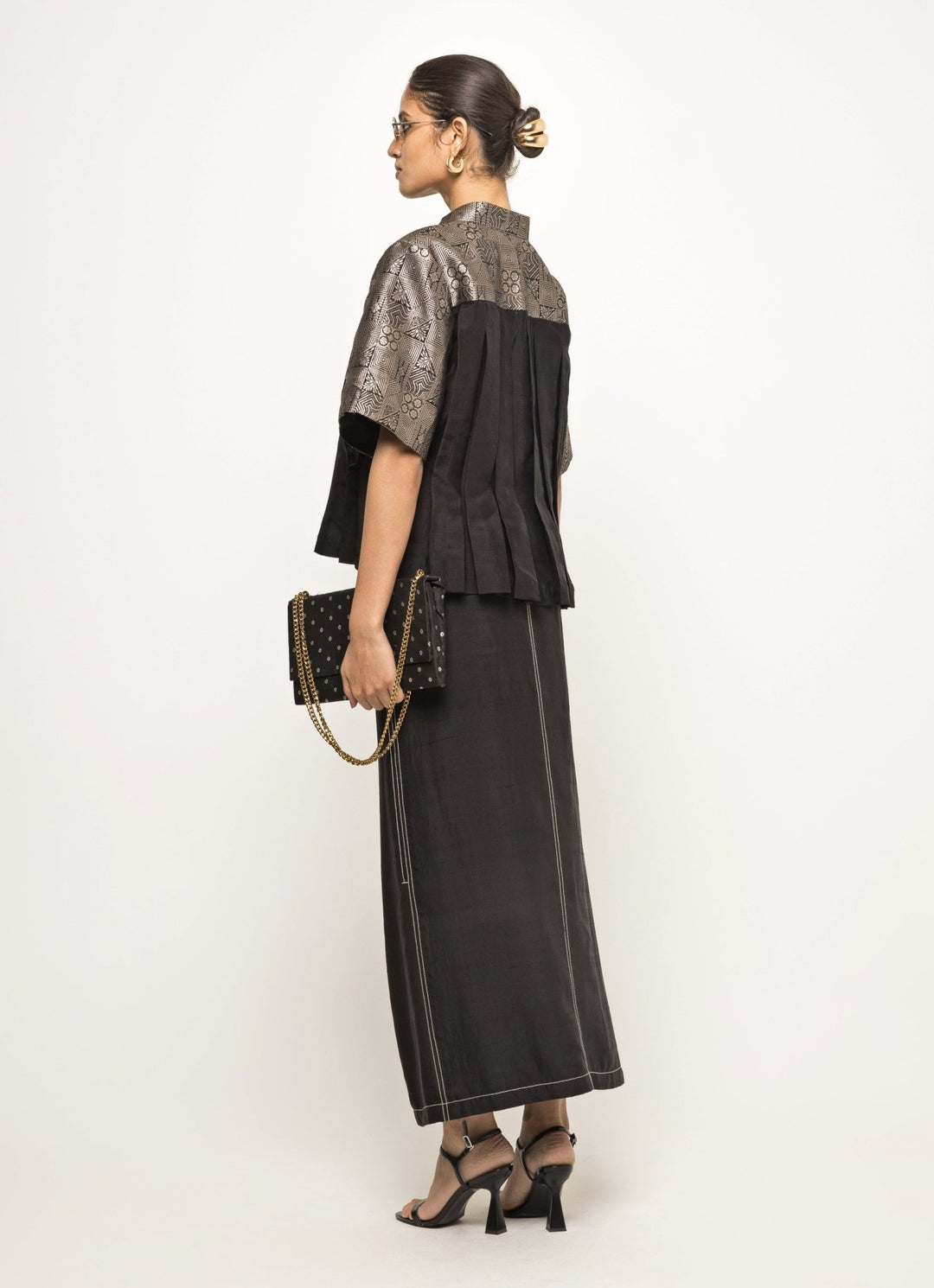 Black Silk Box Pleat Top With Slit Skirt Sobariko - Fabilicious Fashion
