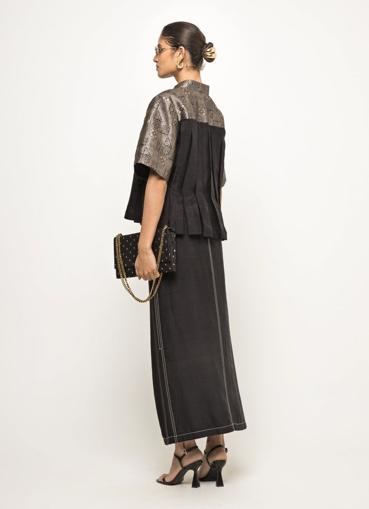 Black Silk Box Pleat Top With Slit Skirt Sobariko - Fabilicious Fashion