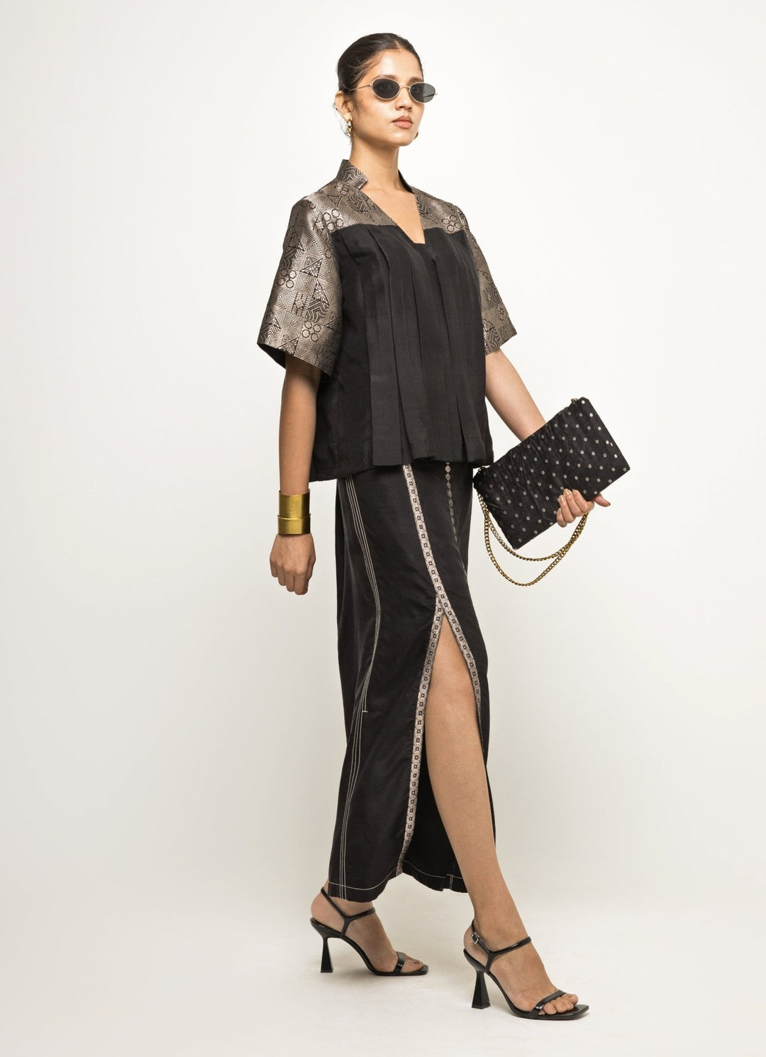 Black Silk Box Pleat Top With Slit Skirt Sobariko - Fabilicious Fashion