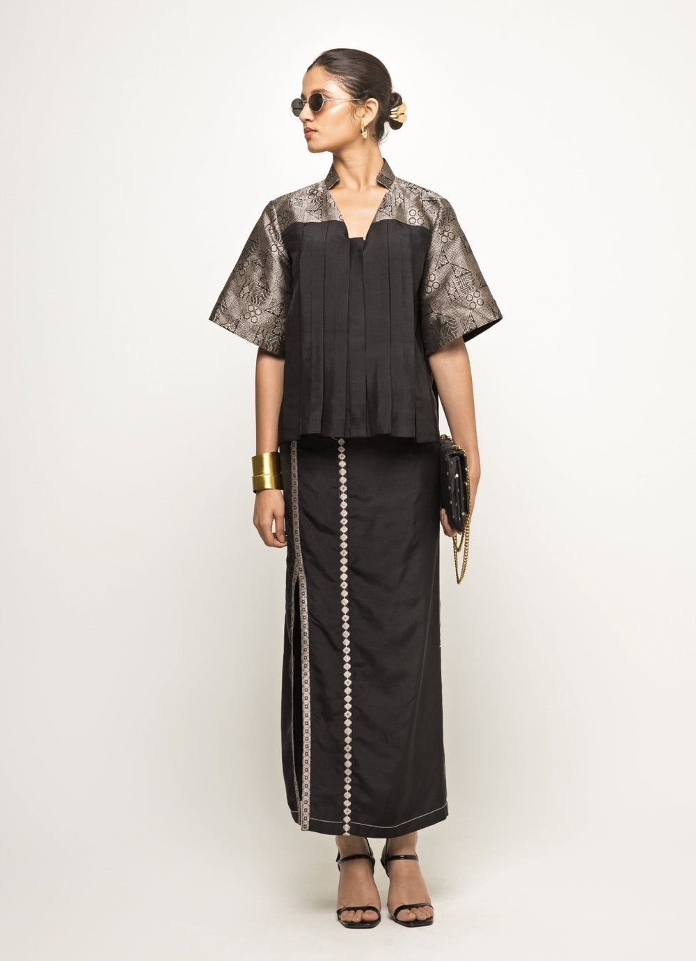 Black Silk Box Pleat Top With Slit Skirt Sobariko - Fabilicious Fashion