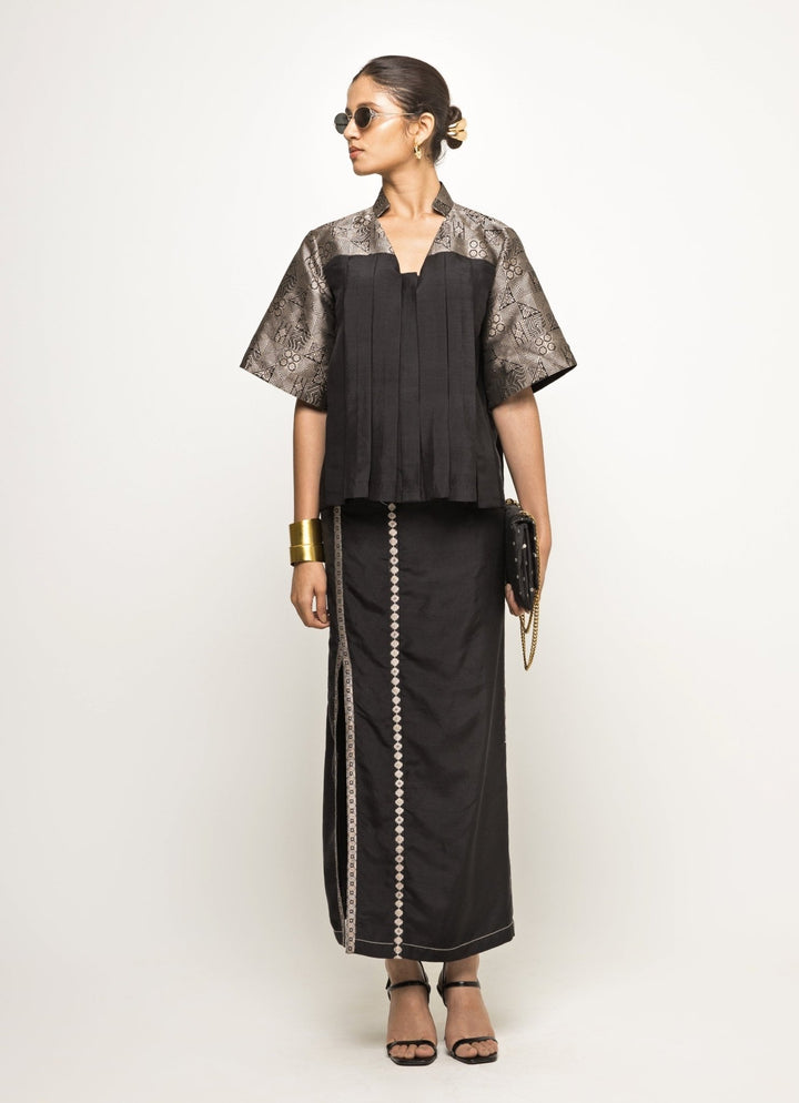 Black Silk Box Pleat Top With Slit Skirt Sobariko - Fabilicious Fashion
