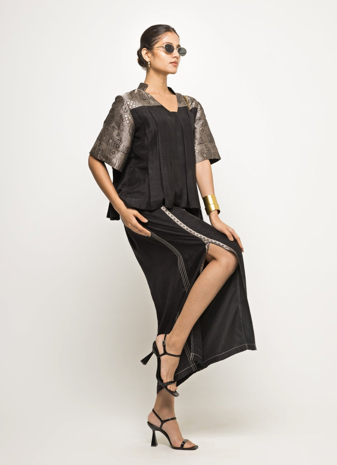 Black Silk Box Pleat Top With Slit Skirt Sobariko - Fabilicious Fashion