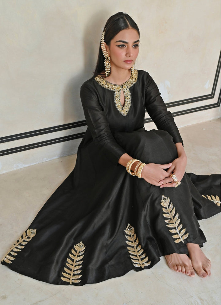 Black Silk Embroidered Anarkali With Palazzo Ease - Fabilicious Fashion