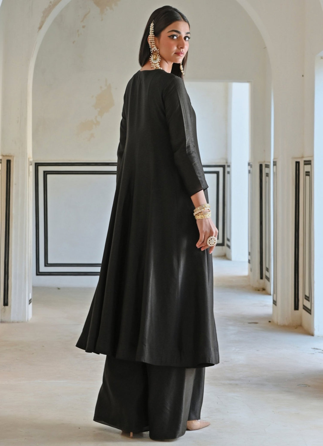 Black Silk Embroidered Anarkali With Palazzo Ease - Fabilicious Fashion