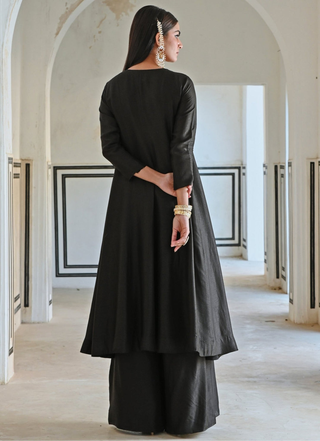 Black Silk Embroidered Anarkali With Palazzo Ease - Fabilicious Fashion