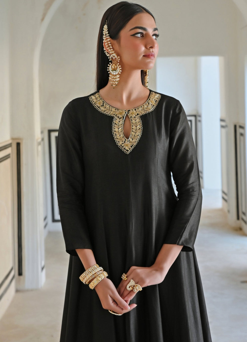 Black Silk Embroidered Anarkali With Palazzo Ease - Fabilicious Fashion
