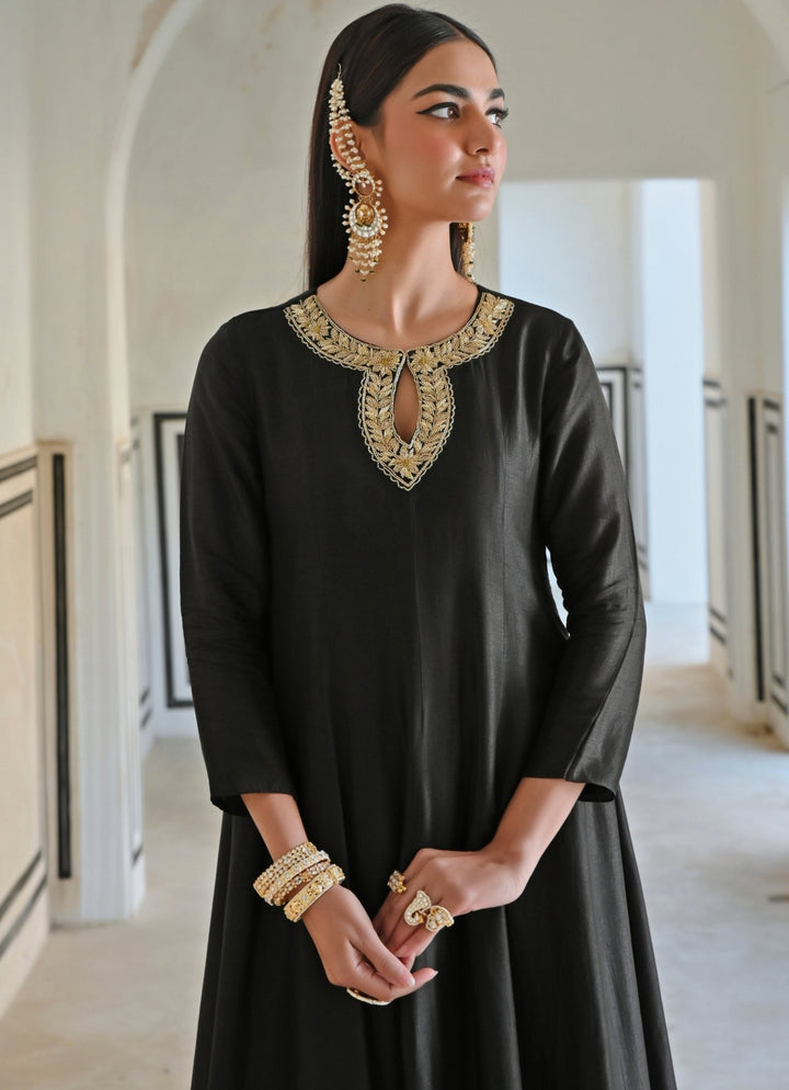 Black Silk Embroidered Anarkali With Palazzo Ease - Fabilicious Fashion