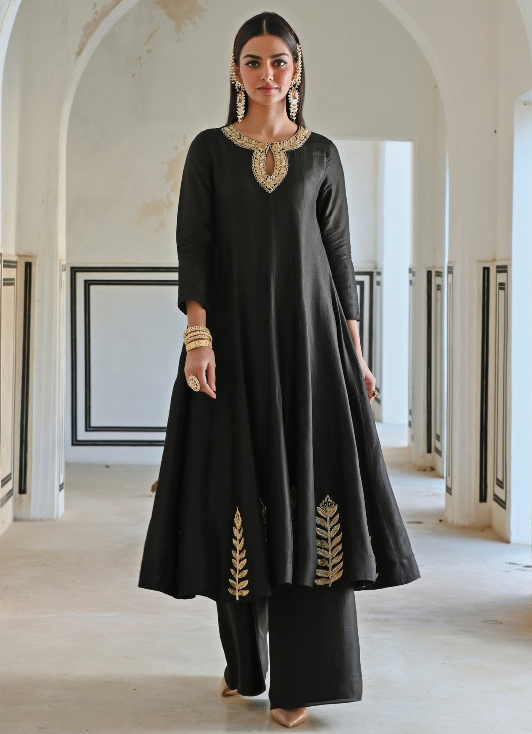 Black Silk Embroidered Anarkali With Palazzo Ease - Fabilicious Fashion