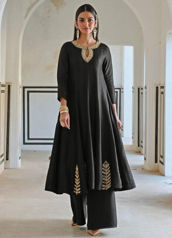 Black Silk Embroidered Anarkali With Palazzo Ease - Fabilicious Fashion