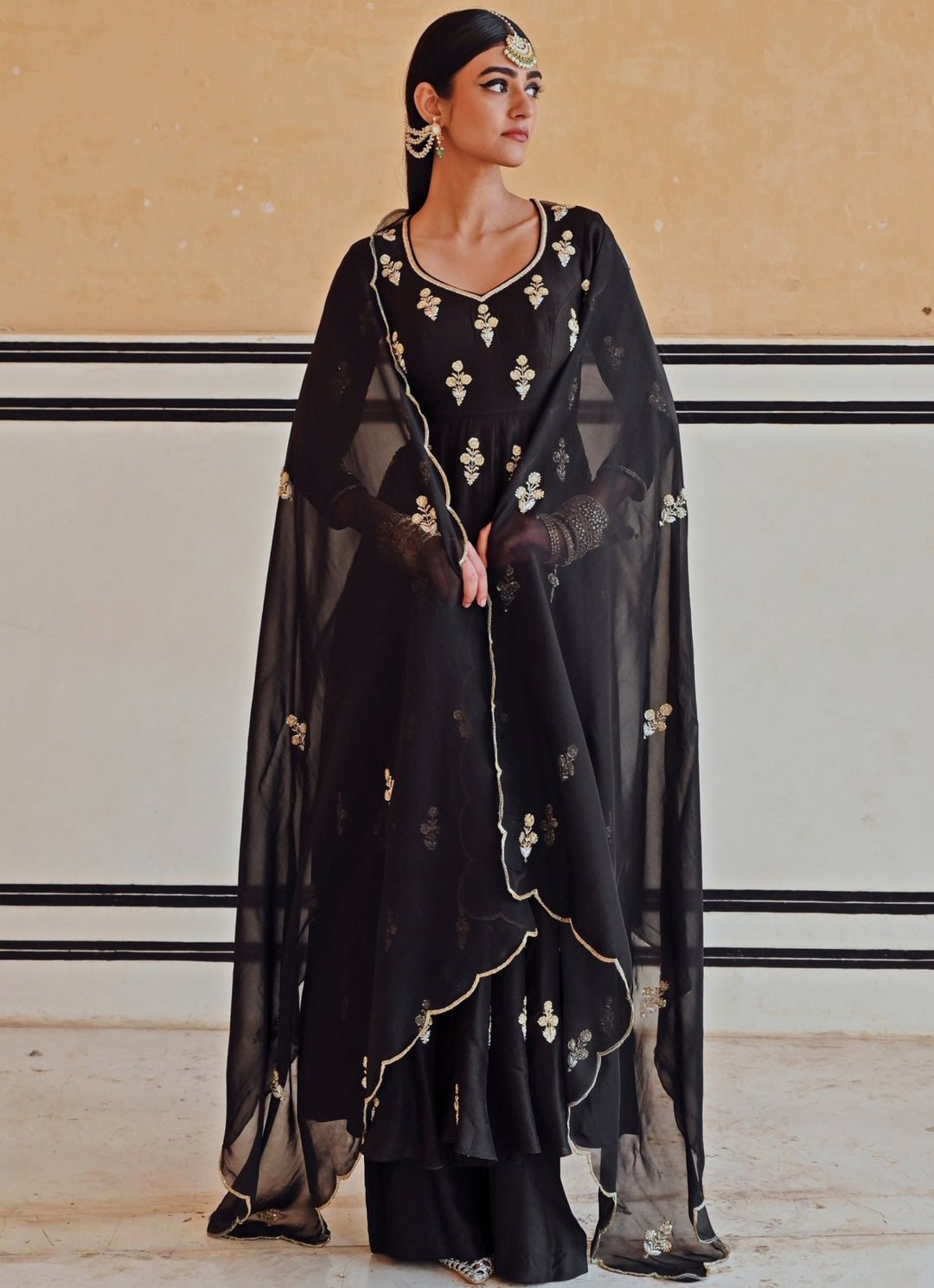 Black Silk Floral Embroidered Anarkali Set With Palazzo Ease - Fabilicious Fashion