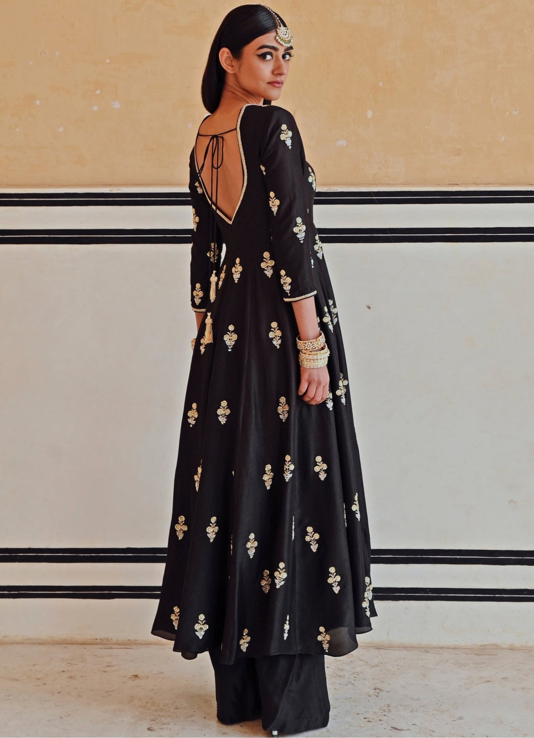 Black Silk Floral Embroidered Anarkali Set With Palazzo Ease - Fabilicious Fashion