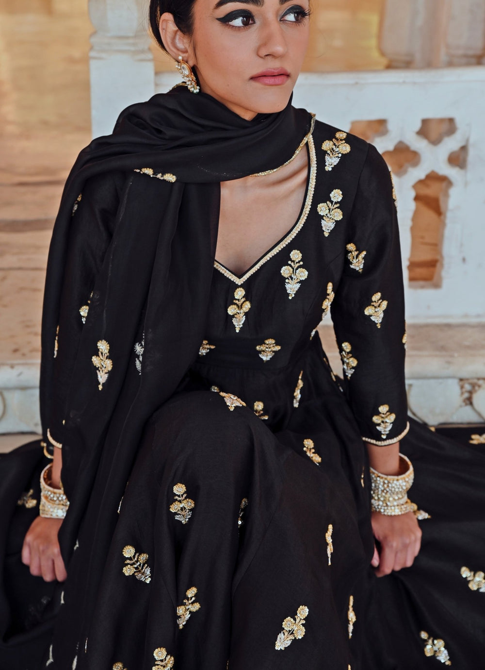 Black Silk Floral Embroidered Anarkali Set With Palazzo Ease - Fabilicious Fashion
