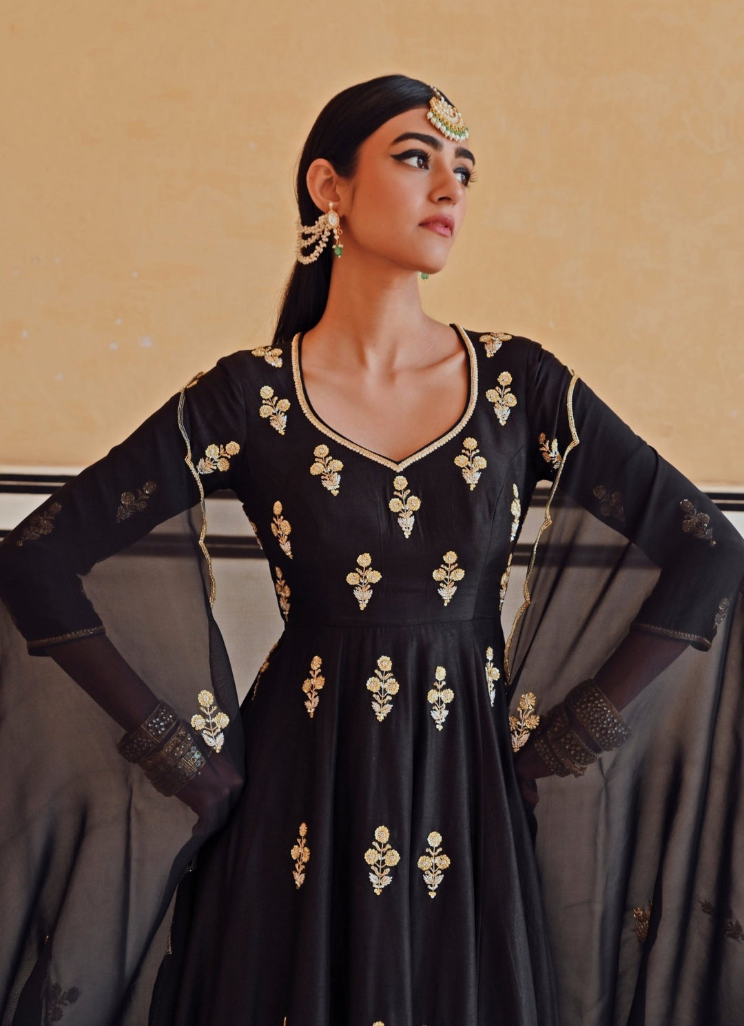 Black Silk Floral Embroidered Anarkali Set With Palazzo Ease - Fabilicious Fashion