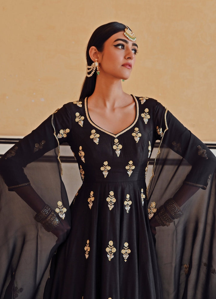 Black Silk Floral Embroidered Anarkali Set With Palazzo Ease - Fabilicious Fashion