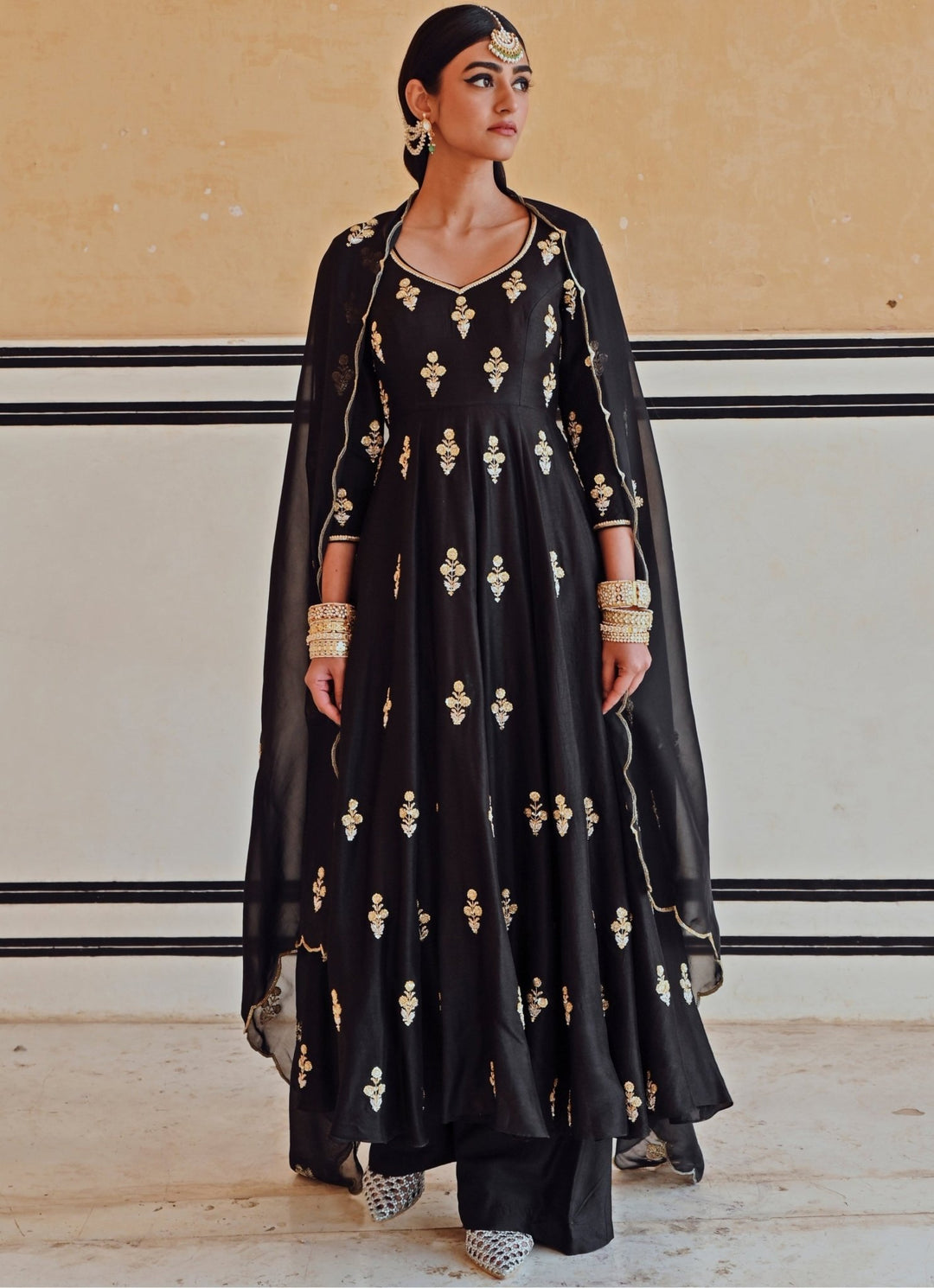 Black Silk Floral Embroidered Anarkali Set With Palazzo Ease - Fabilicious Fashion