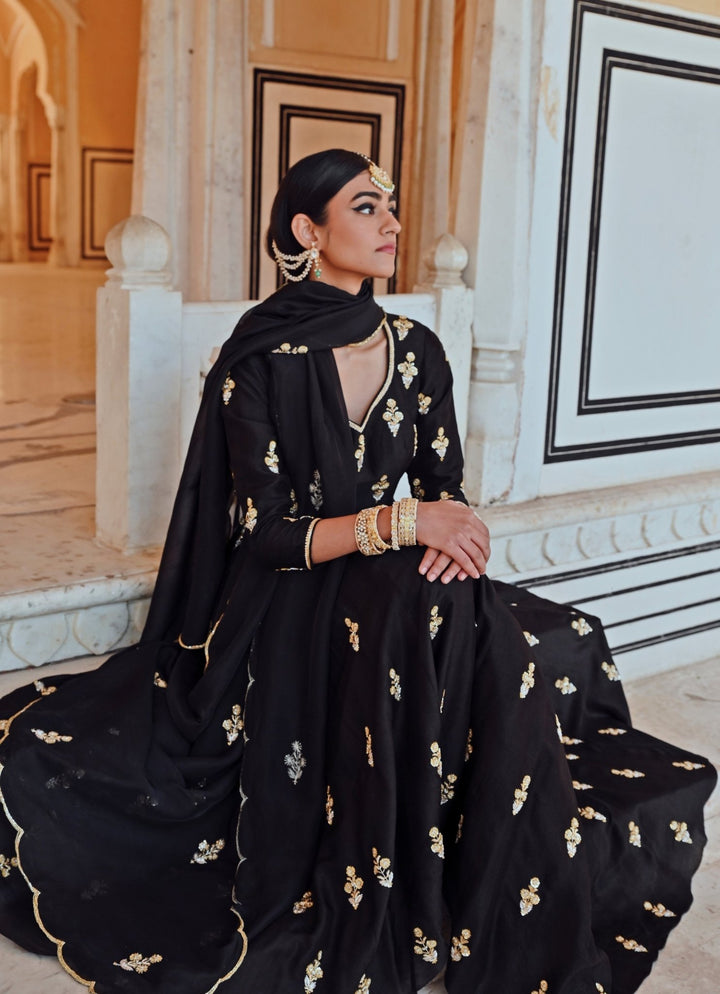 Black Silk Floral Embroidered Anarkali Set With Palazzo Ease - Fabilicious Fashion