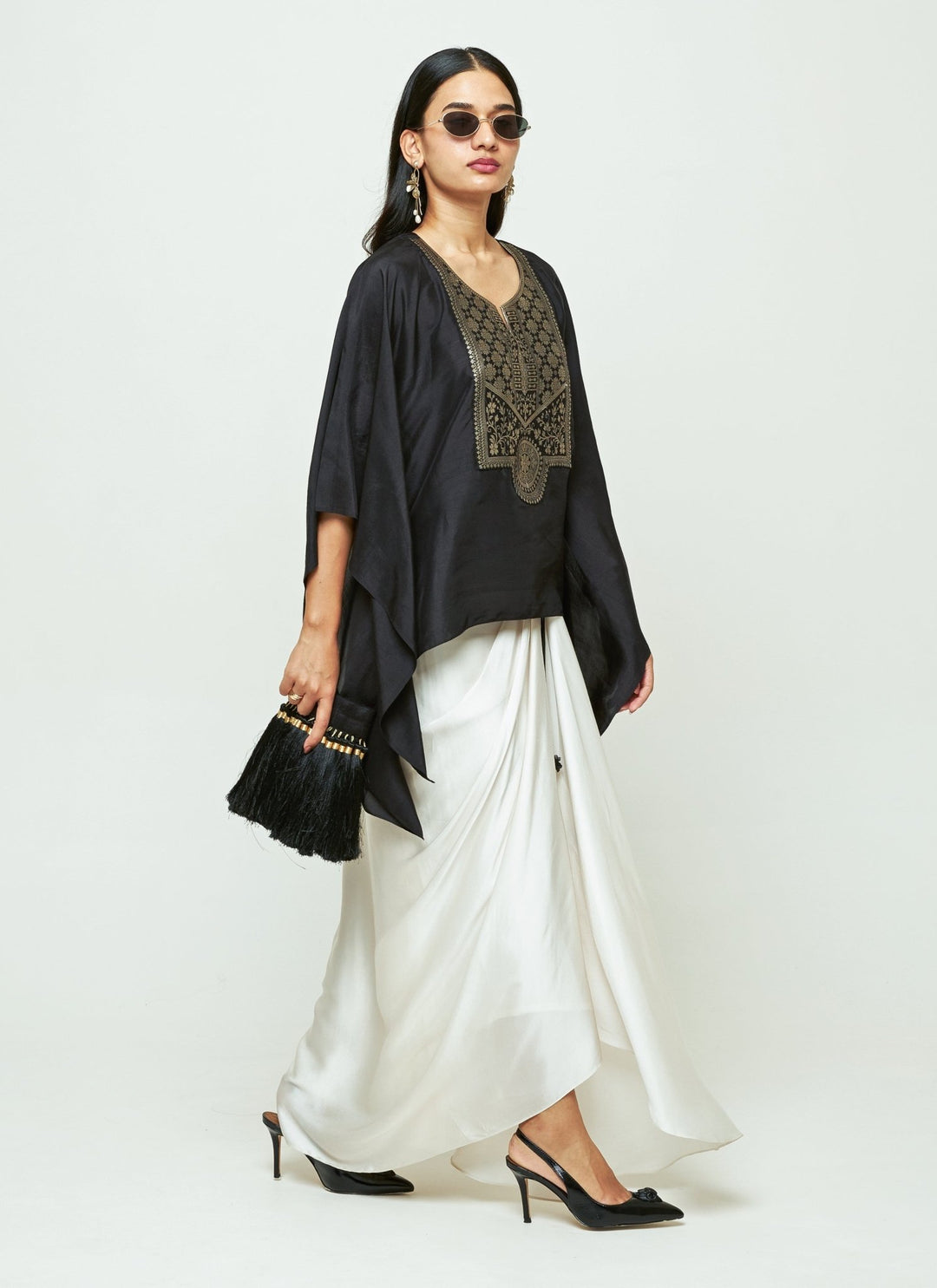 Sobariko Black Silk Kaftan With White Draped Skirt SetFabilicious Fashion