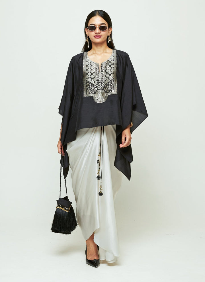 Sobariko Black Silk Kaftan With White Draped Skirt SetFabilicious Fashion
