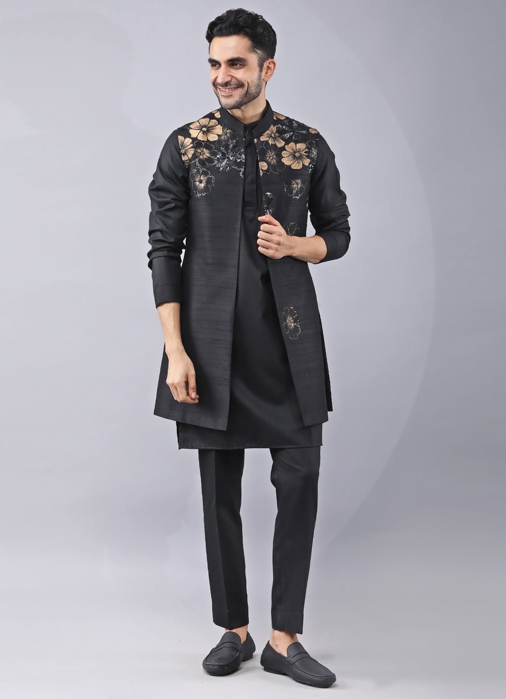 Black Silk Kurta Pants Set with Jacket Manish Nagdeo Men - Fabilicious Fashion