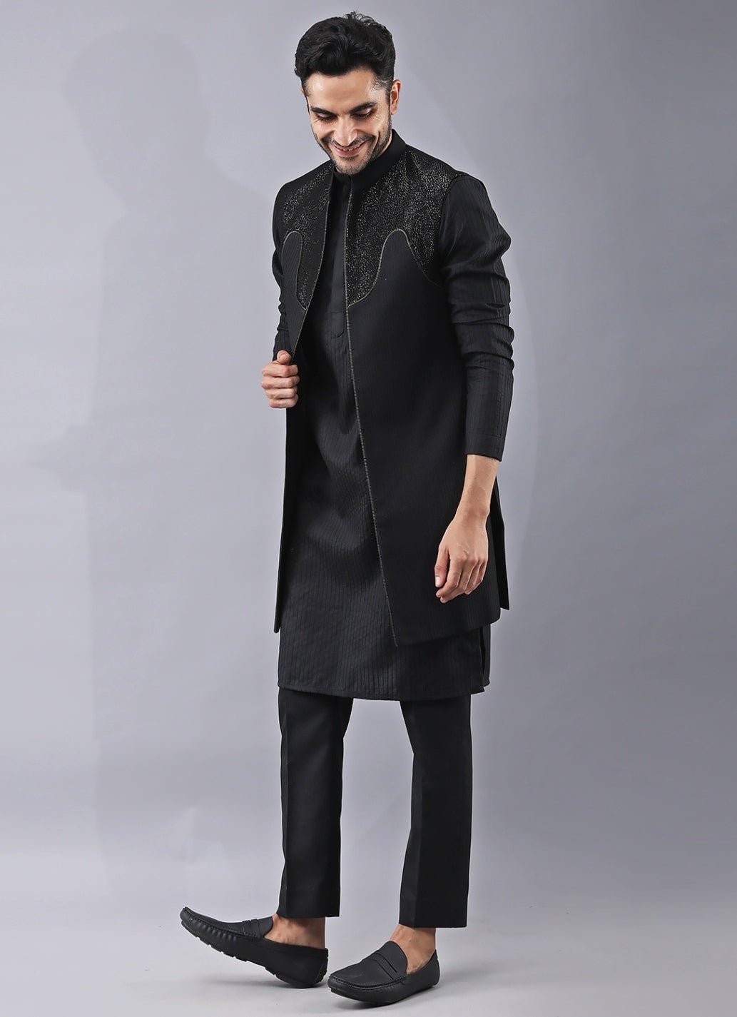 Black Silk Kurta Set with Jacket Manish Nagdeo Men - Fabilicious Fashion
