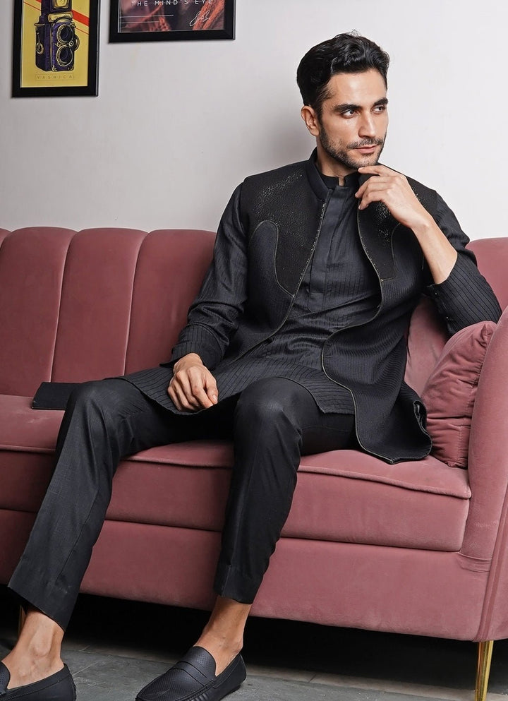 Black Silk Kurta Set with Jacket Manish Nagdeo Men - Fabilicious Fashion