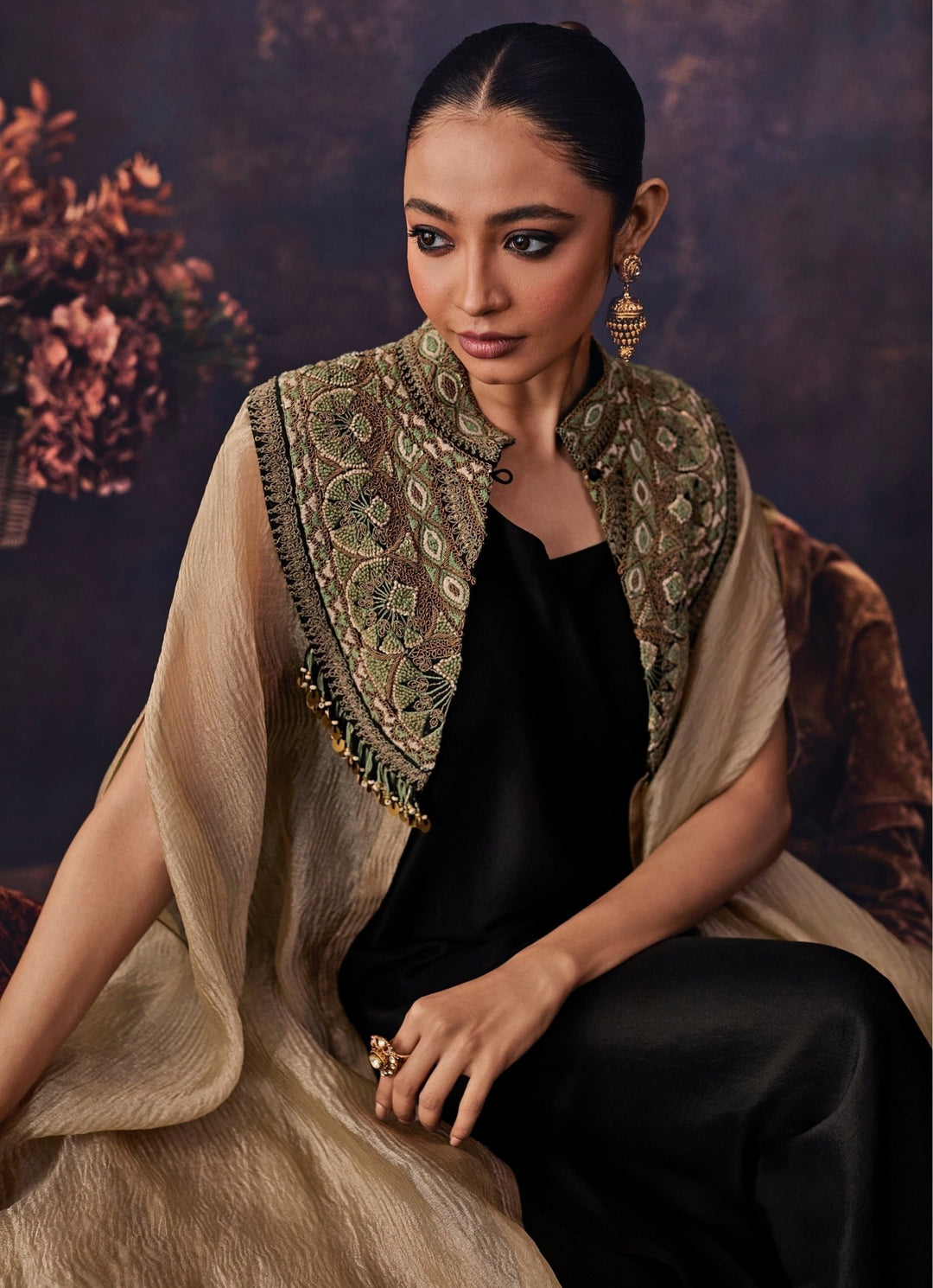 Prisho Black Silk Long Dress With Beige JacketFabilicious Fashion