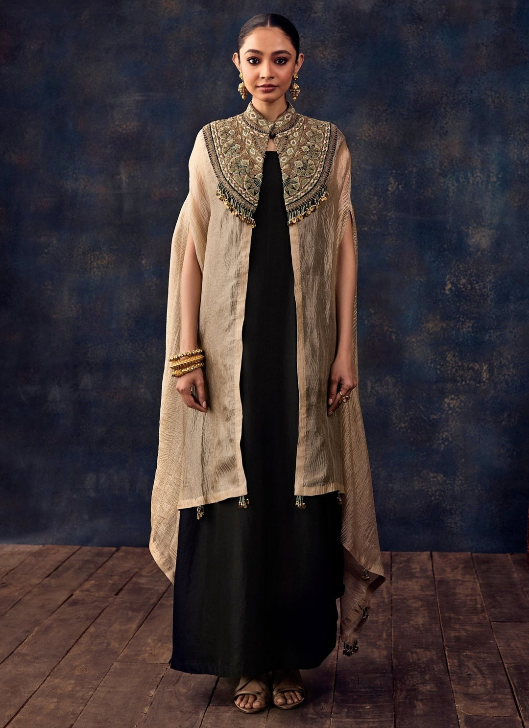 Prisho Black Silk Long Dress With Beige JacketFabilicious Fashion