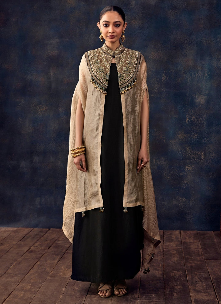 Prisho Black Silk Long Dress With Beige JacketFabilicious Fashion
