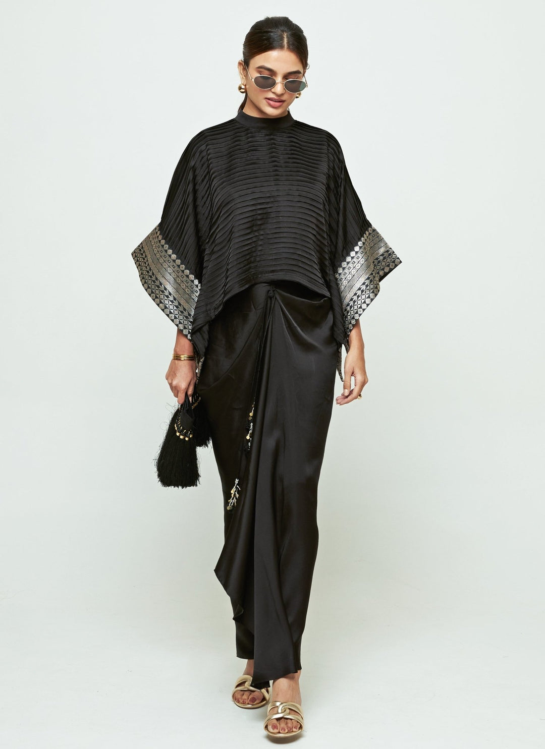 Sobariko Black Silk Pleated Top With Draped Skirt SetFabilicious Fashion