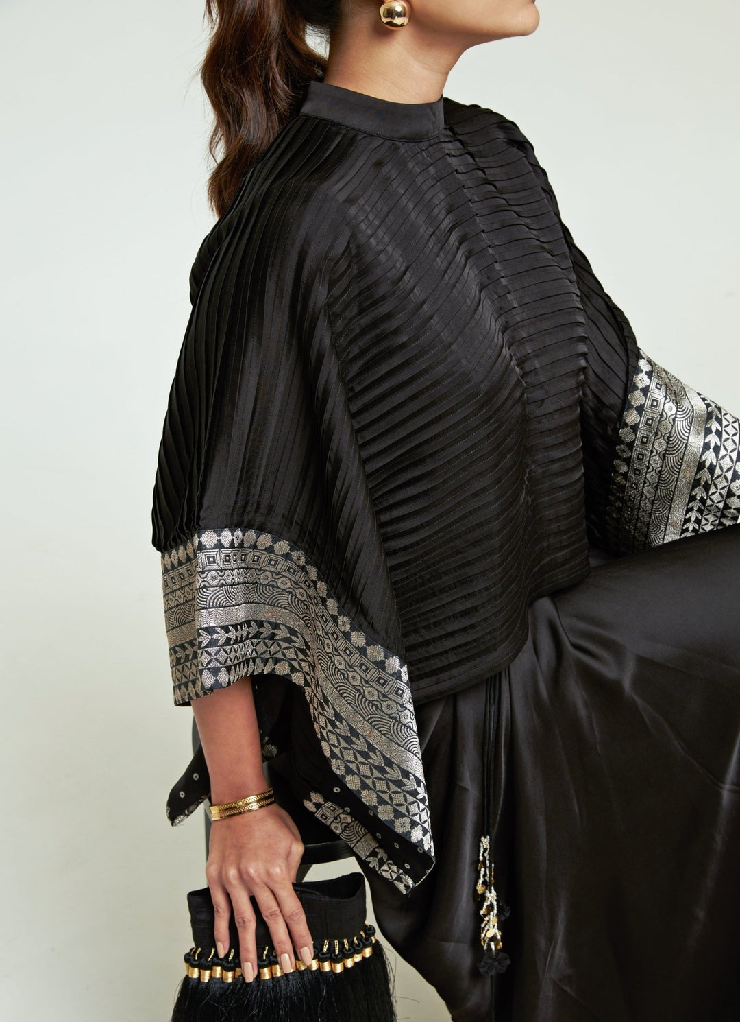 Sobariko Black Silk Pleated Top With Draped Skirt SetFabilicious Fashion