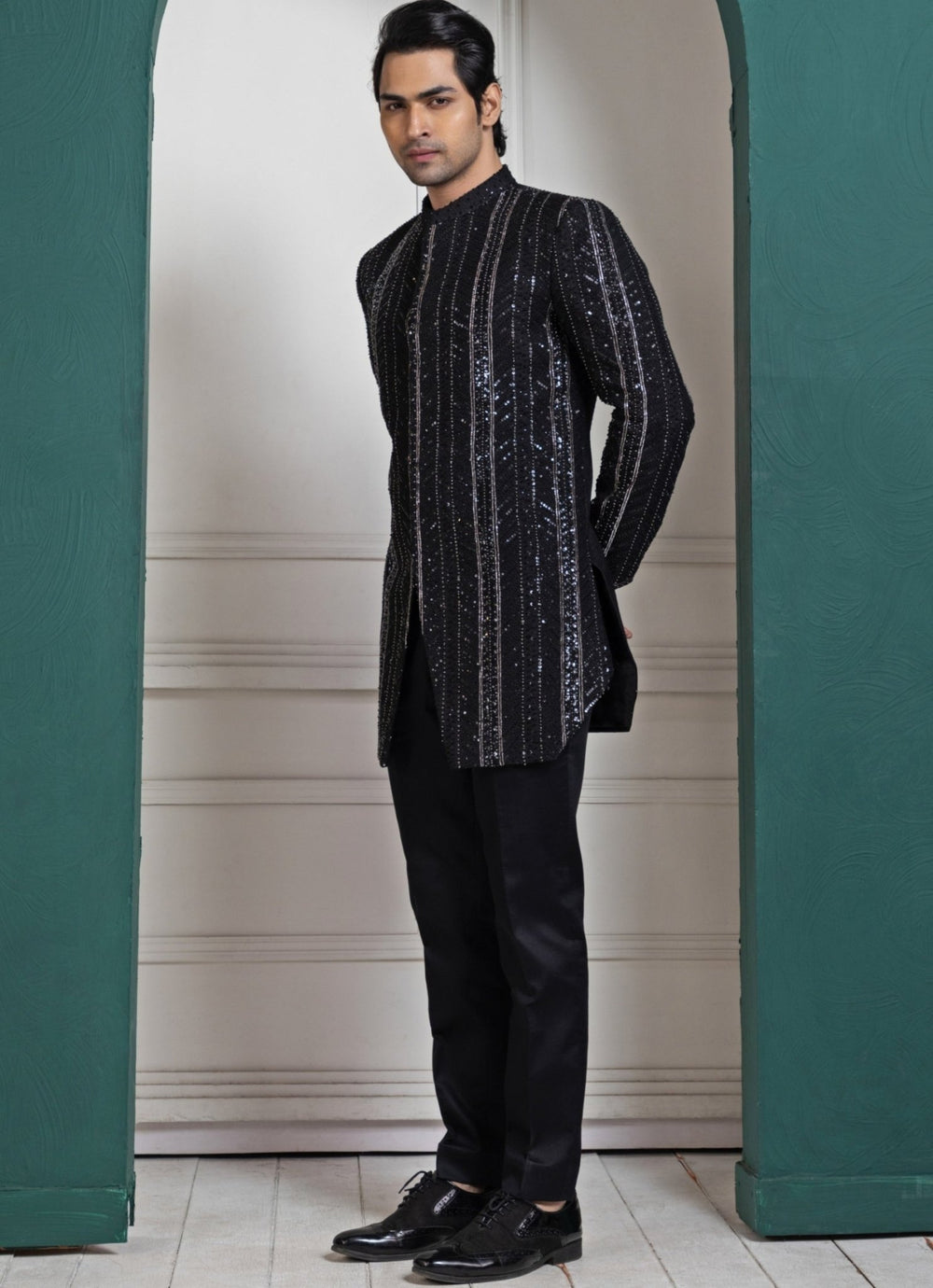 Black Silk Sequin Embroidered Bandhgala Smriti - Fabilicious Fashion