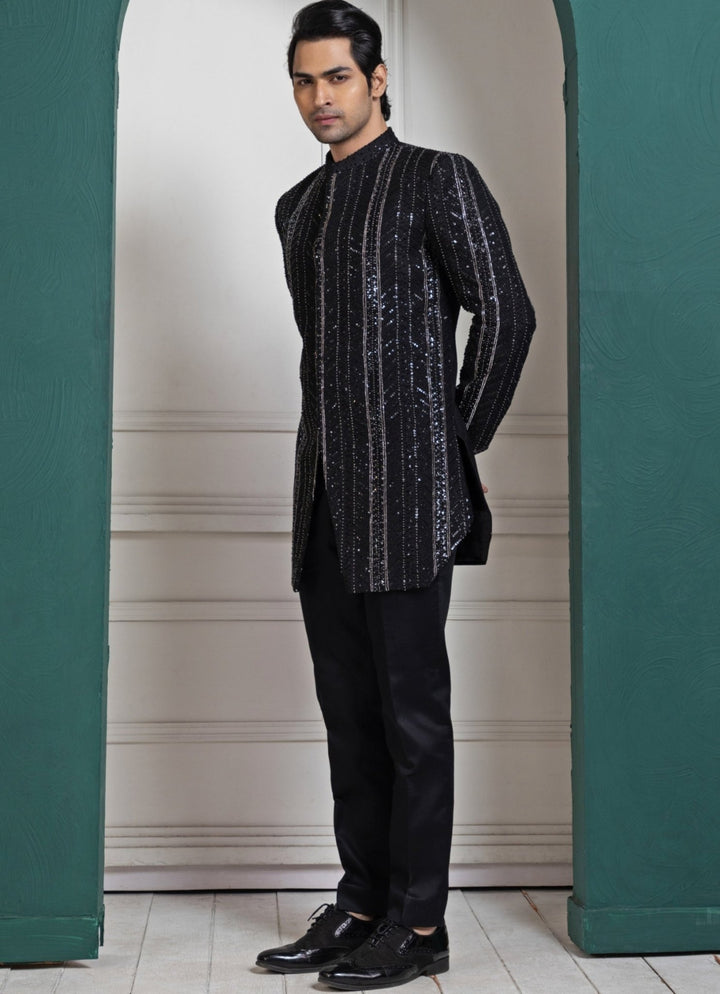 Black Silk Sequin Embroidered Bandhgala Smriti - Fabilicious Fashion