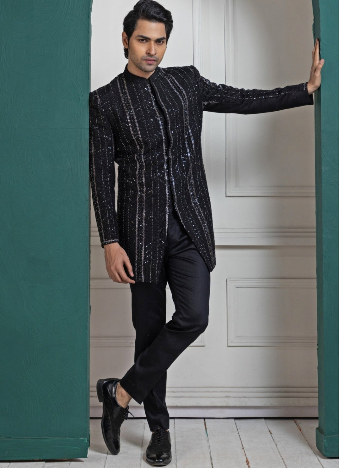 Black Silk Sequin Embroidered Bandhgala Smriti - Fabilicious Fashion