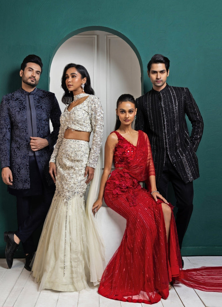 Black Silk Sequin Embroidered Bandhgala Smriti - Fabilicious Fashion