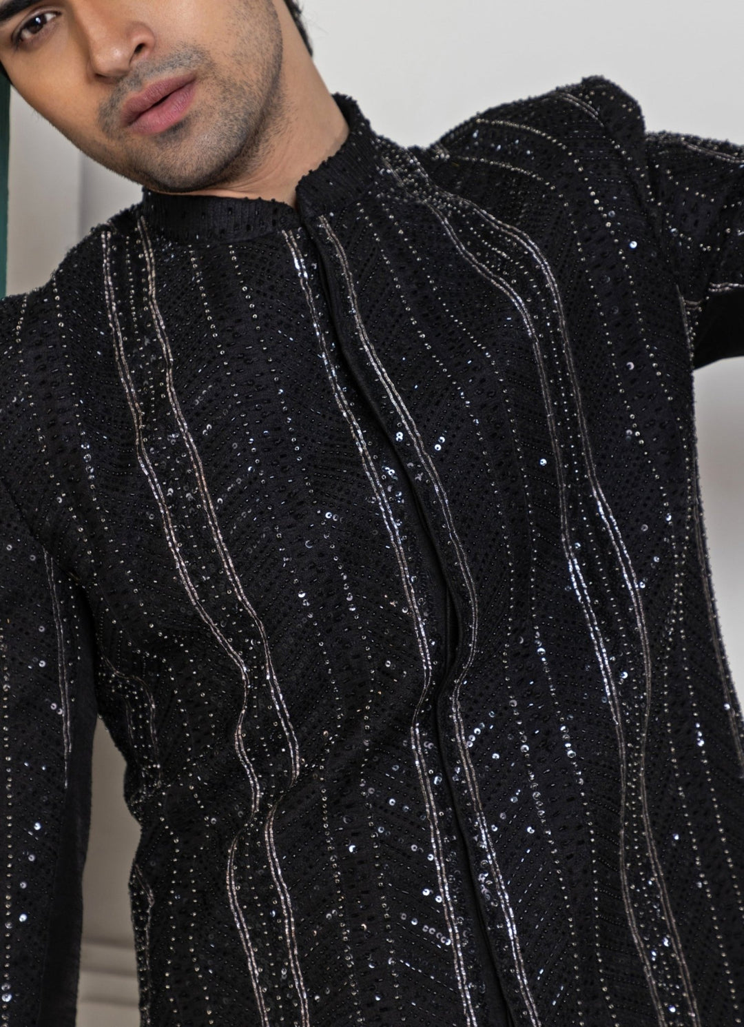 Black Silk Sequin Embroidered Bandhgala Smriti - Fabilicious Fashion
