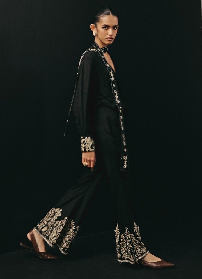 Black Silk Tie Shirt With Parsi Gara Palazzo Twenty Nine - Fabilicious Fashion