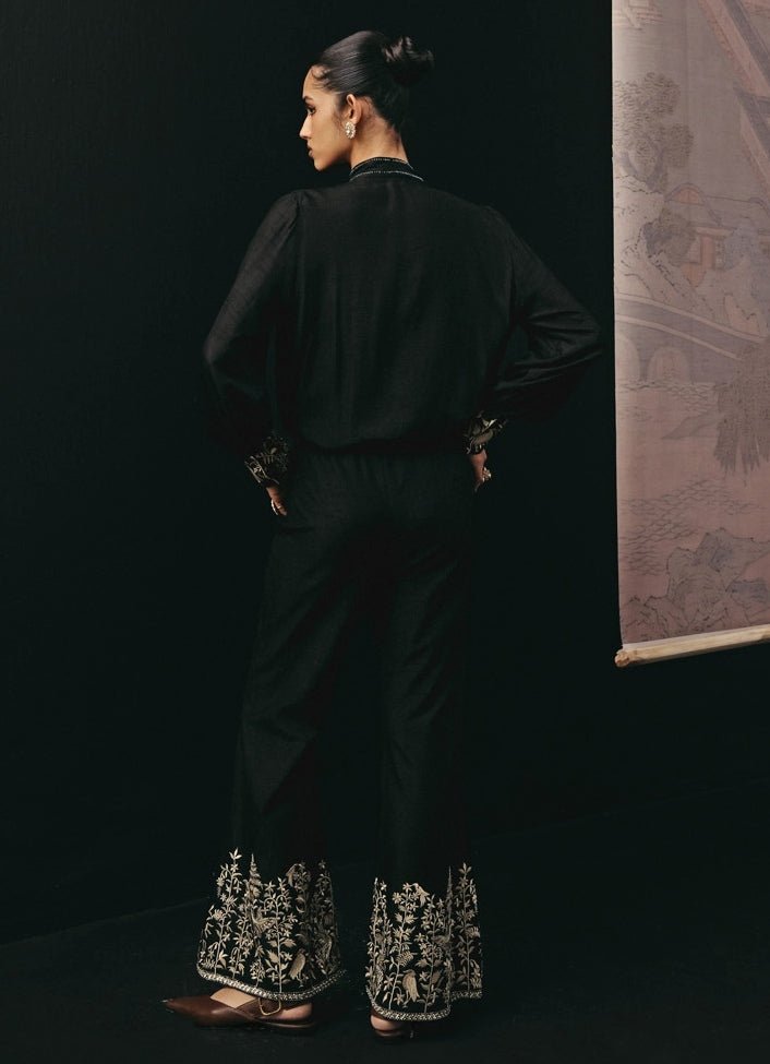 Black Silk Tie Shirt With Parsi Gara Palazzo Twenty Nine - Fabilicious Fashion