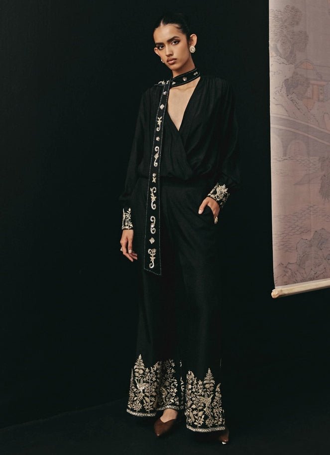 Black Silk Tie Shirt With Parsi Gara Palazzo Twenty Nine - Fabilicious Fashion