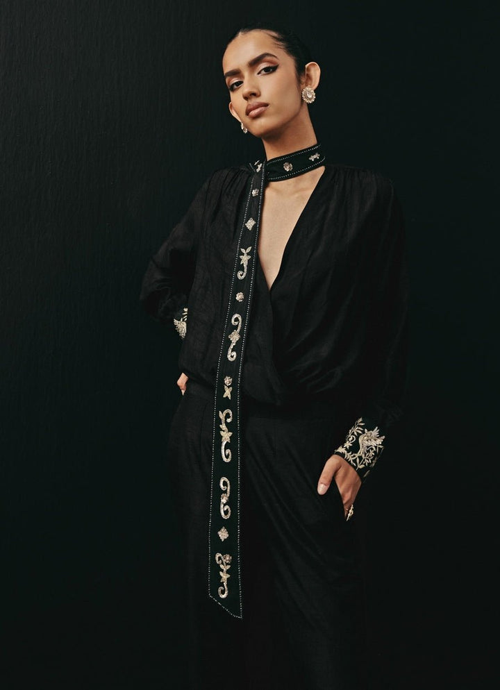 Black Silk Tie Shirt With Parsi Gara Palazzo Twenty Nine - Fabilicious Fashion