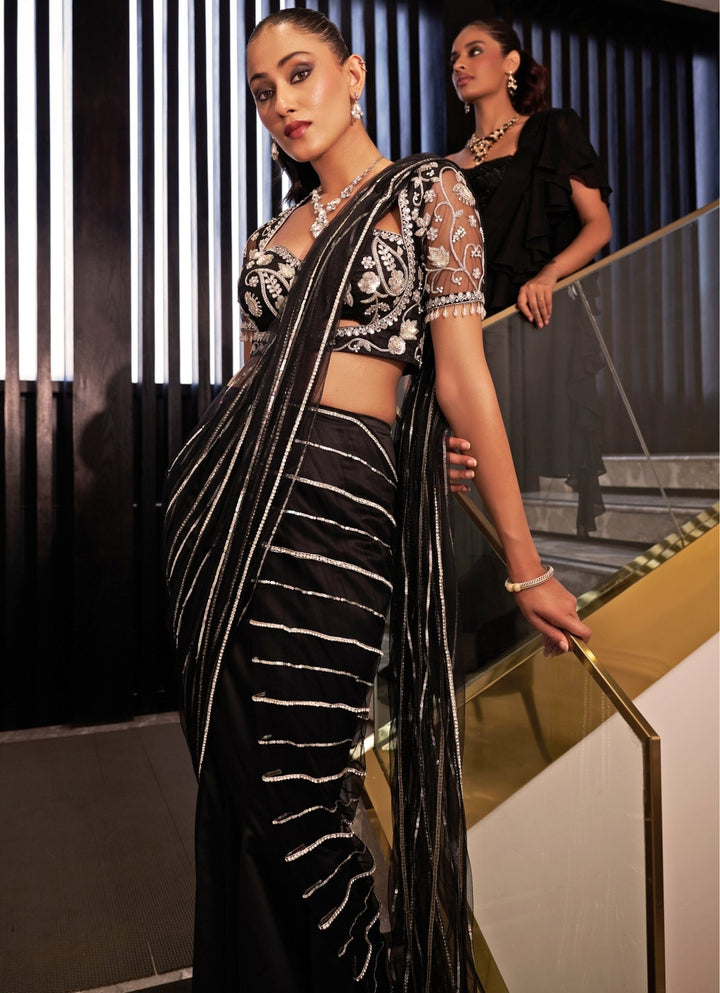Black & Silver Satin Mermaid Lehenga Saree Rashika Sharma - Fabilicious Fashion
