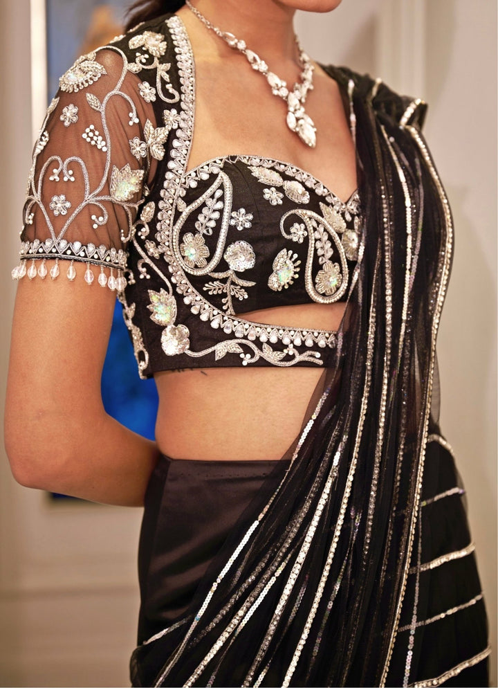 Black & Silver Satin Mermaid Lehenga Saree Rashika Sharma - Fabilicious Fashion