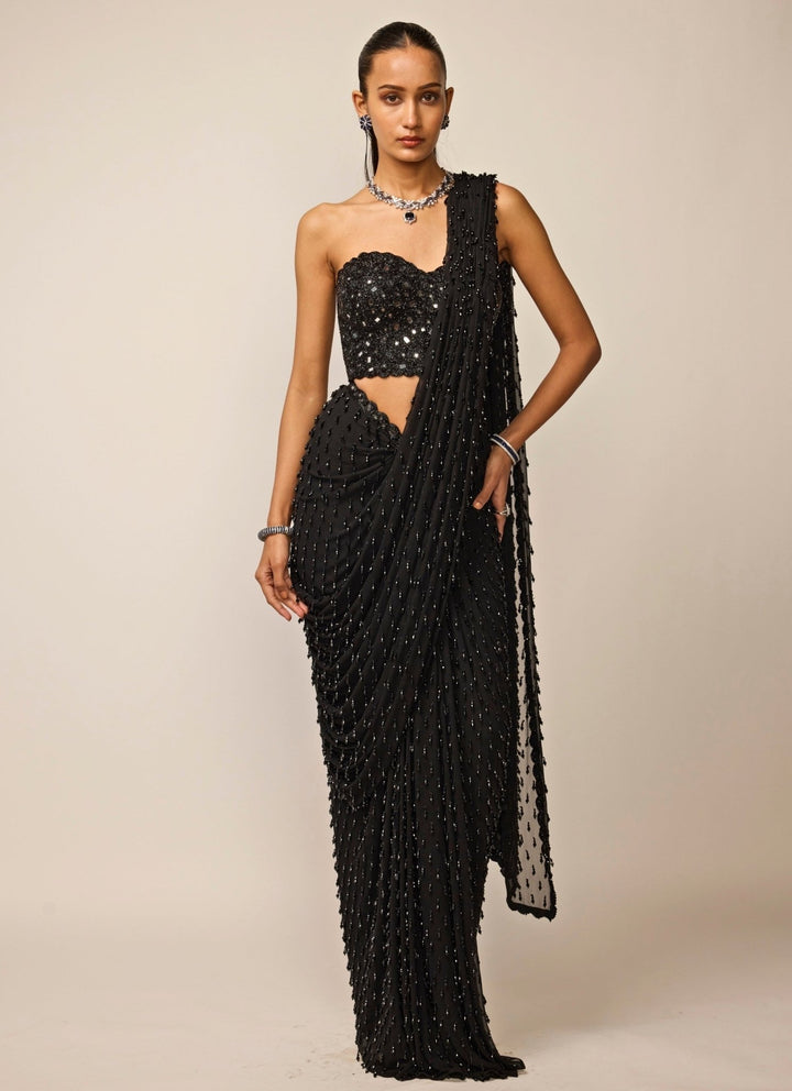 Vvani by Vani Vats Black Single Drop Georgette Pre-Draped Saree With CorsetFabilicious Fashion