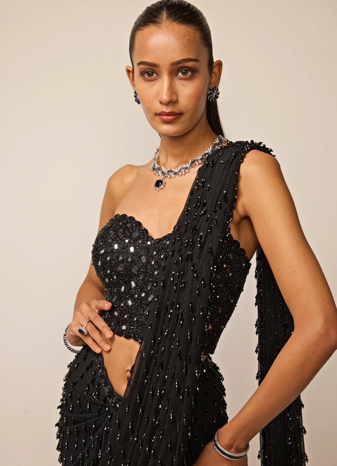 Vvani by Vani Vats Black Single Drop Georgette Pre-Draped Saree With CorsetFabilicious Fashion