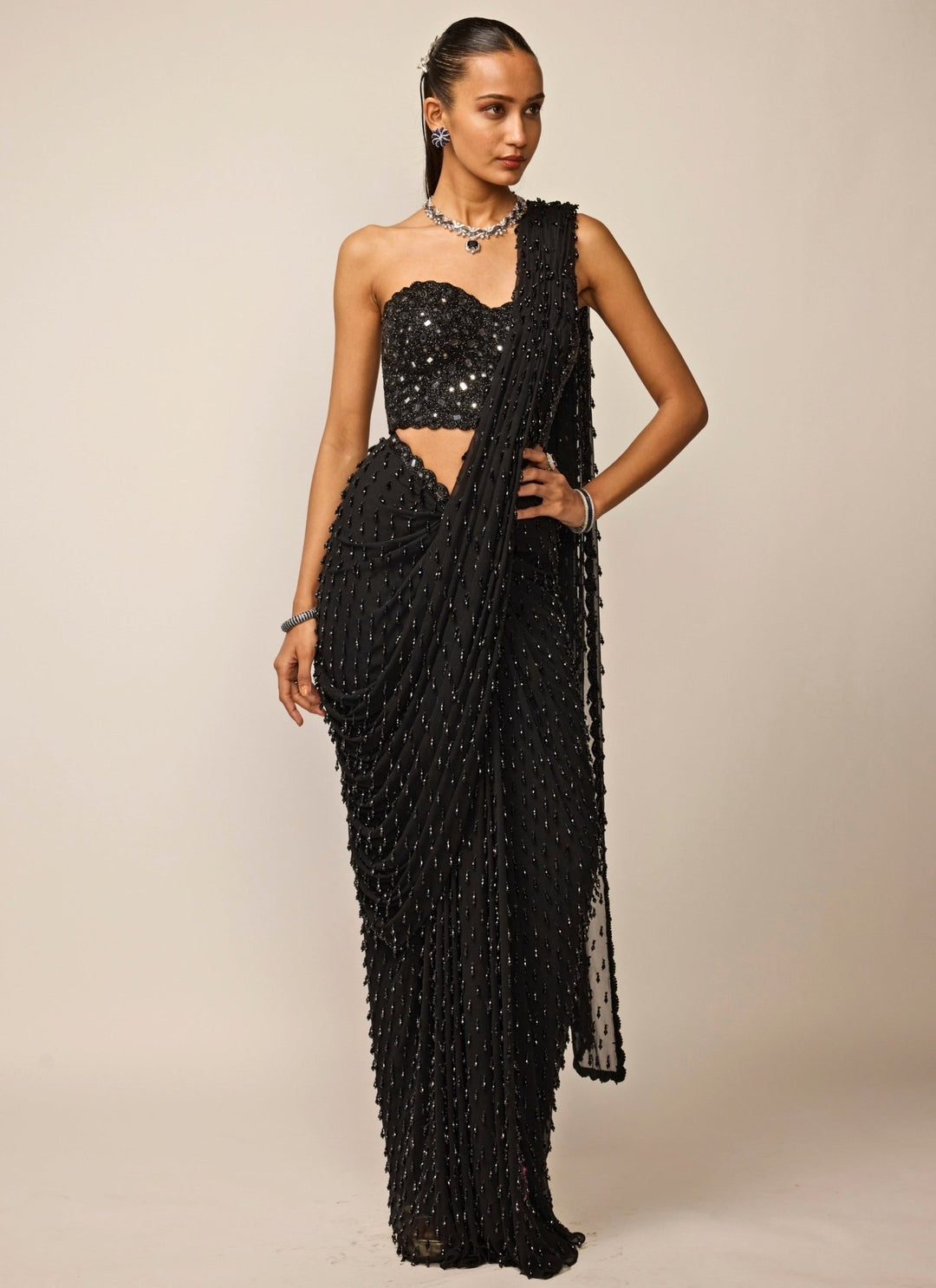 Vvani by Vani Vats Black Single Drop Georgette Pre-Draped Saree With CorsetFabilicious Fashion