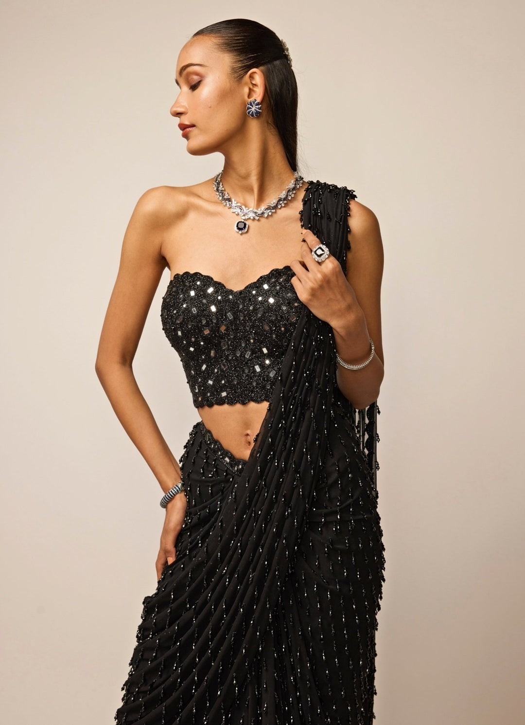 Vvani by Vani Vats Black Single Drop Georgette Pre-Draped Saree With CorsetFabilicious Fashion