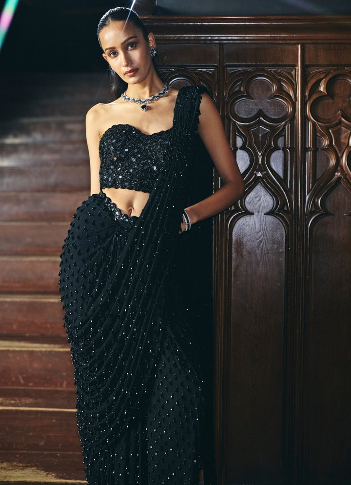 Vvani by Vani Vats Black Single Drop Georgette Pre-Draped Saree With CorsetFabilicious Fashion
